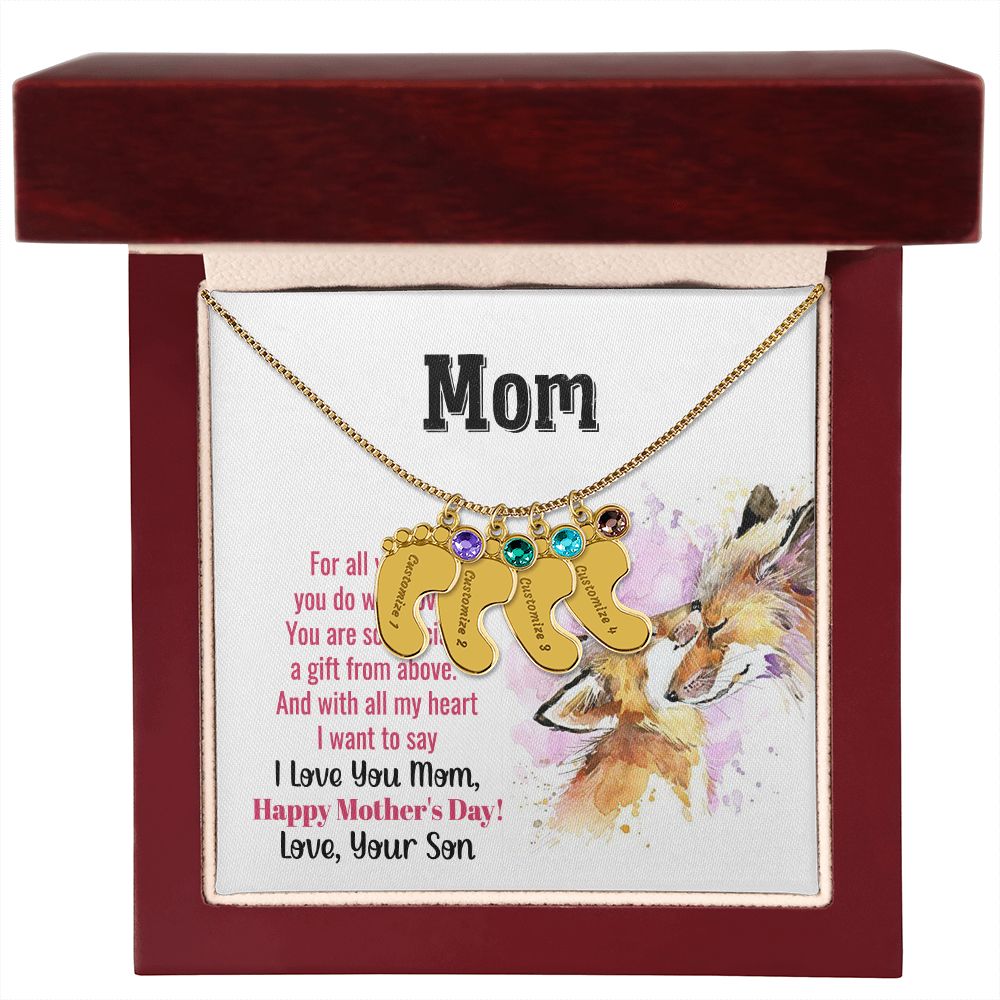 ENGRAVED BABY FEET WITH NAME AND BIRTHSTONE, NECKLACE GIFT FOR MOM WITH KIDS NAME, WITH MESSAGE CARD, MOTHER'S DAY GIFT FOR MOM FROM SON