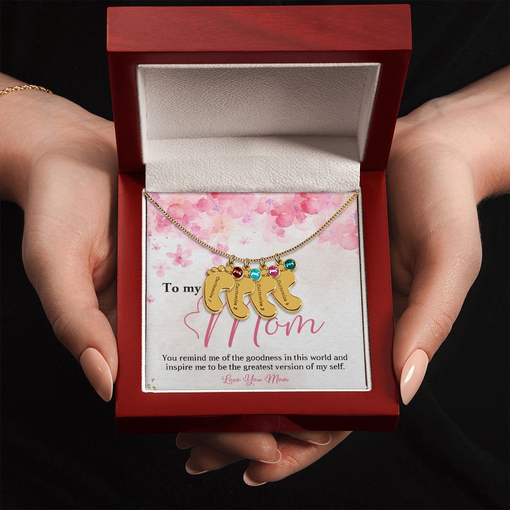 ENGRAVED BABY FEET WITH NAME AND BIRTHSTONE, NECKLACE GIFT FOR MOM WITH KIDS NAME, WITH MESSAGE CARD, BIRTHDAY/ MOTHER'S DAY GIFT FOR MOM FROM SON/DAUGHTER
