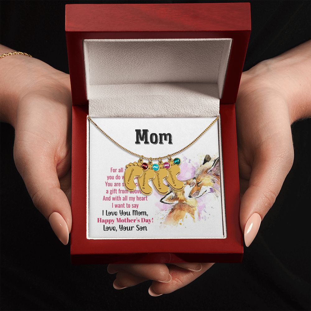 ENGRAVED BABY FEET WITH NAME AND BIRTHSTONE, NECKLACE GIFT FOR MOM WITH KIDS NAME, WITH MESSAGE CARD, MOTHER'S DAY GIFT FOR MOM FROM SON