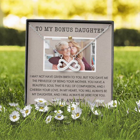 To My Bonus Daughter, Infinity Hearts Necklace, Customized Picture And Name Necklace With Message Card, Gift Pendant For Her, Christmas, Birthday, Anniversary, Gift For Her, Jewelry For Her