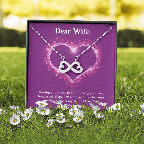 Dear Wife, Infinity Hearts Necklace With I'm A Blessed Man Because My Valentine's Is My Wife Custom Message Card, Pendant For Her, Birthday, Anniversary, Jewelry For Her, Valentine's Day Gift