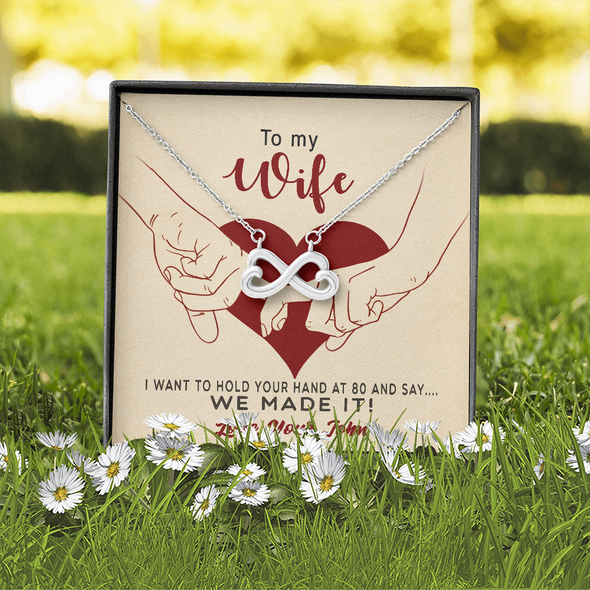 To My Wife, Infinity Hearts Necklace With I Want To Hold Your Hand And Message Card, Anniversary, Birthday, Gift For Her, Jewelry For Her, Pendant For Her, Customized Message Card With Loved One Name