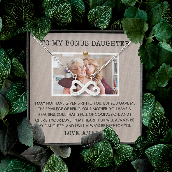 To My Bonus Daughter, Infinity Hearts Necklace, Customized Picture And Name Necklace With Message Card, Gift Pendant For Her, Christmas, Birthday, Anniversary, Gift For Her, Jewelry For Her