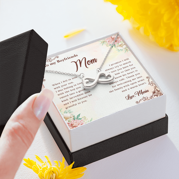 To My Boyfriend's Mom, Infinity Hearts Necklace With Thank You For Welcoming Me Into The Family Message Card, Mother's Day Gift, Birthday, Anniversary, Jewelry For Her, Customized Message Card