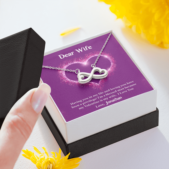 Dear Wife, Infinity Hearts Necklace With I'm A Blessed Man Because My Valentine's Is My Wife Custom Message Card, Pendant For Her, Birthday, Anniversary, Jewelry For Her, Valentine's Day Gift