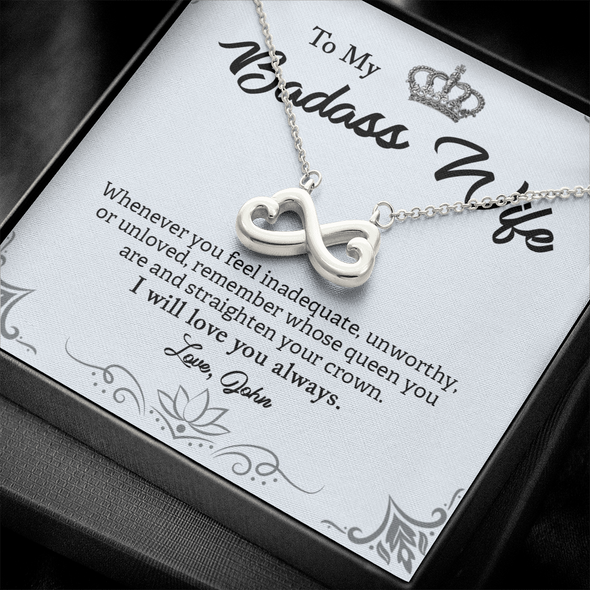 My Badass Wife, Infinity Hearts Necklace With Straighten Your Crown And Remember I Will Love You Always Message Card, Jewelry For Her, Birthday, Gift For Her, Pendant For Her, Customized Message Card