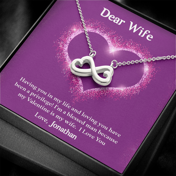Dear Wife, Infinity Hearts Necklace With I'm A Blessed Man Because My Valentine's Is My Wife Custom Message Card, Pendant For Her, Birthday, Anniversary, Jewelry For Her, Valentine's Day Gift