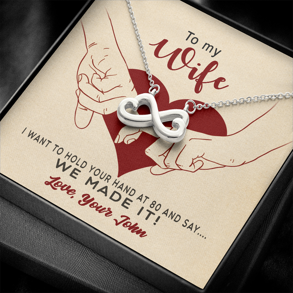 To My Wife, Infinity Hearts Necklace With I Want To Hold Your Hand And Message Card, Anniversary, Birthday, Gift For Her, Jewelry For Her, Pendant For Her, Customized Message Card With Loved One Name