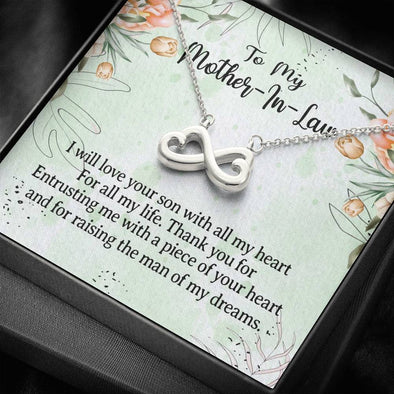 Future Mother In Law Necklace With Message Card, I Will Love Your Son With All My Heart, Mother in Law Jewelry, Mother Day Necklace, Infinity Necklace, Birthday Gift
