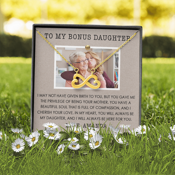 To My Bonus Daughter, Infinity Hearts Necklace, Customized Picture And Name Necklace With Message Card, Gift Pendant For Her, Christmas, Birthday, Anniversary, Gift For Her, Jewelry For Her