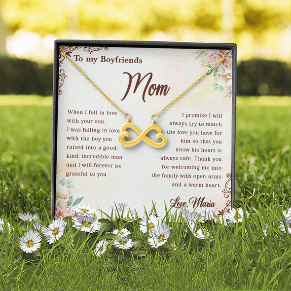 To My Boyfriend's Mom, Infinity Hearts Necklace With Thank You For Welcoming Me Into The Family Message Card, Mother's Day Gift, Birthday, Anniversary, Jewelry For Her, Customized Message Card
