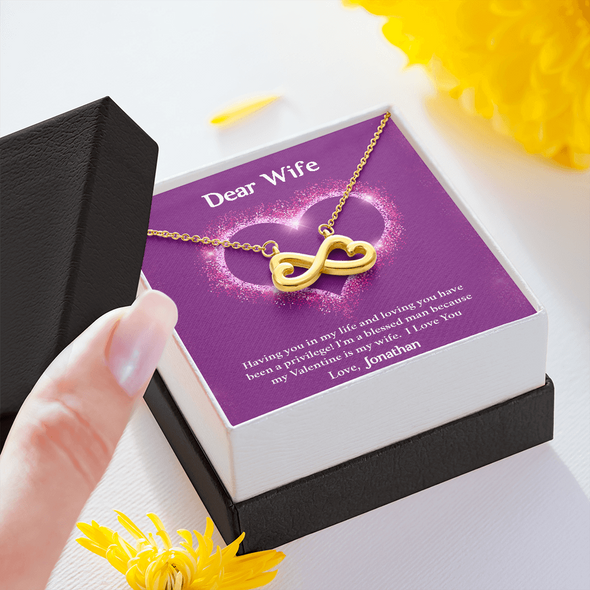 Dear Wife, Infinity Hearts Necklace With I'm A Blessed Man Because My Valentine's Is My Wife Custom Message Card, Pendant For Her, Birthday, Anniversary, Jewelry For Her, Valentine's Day Gift