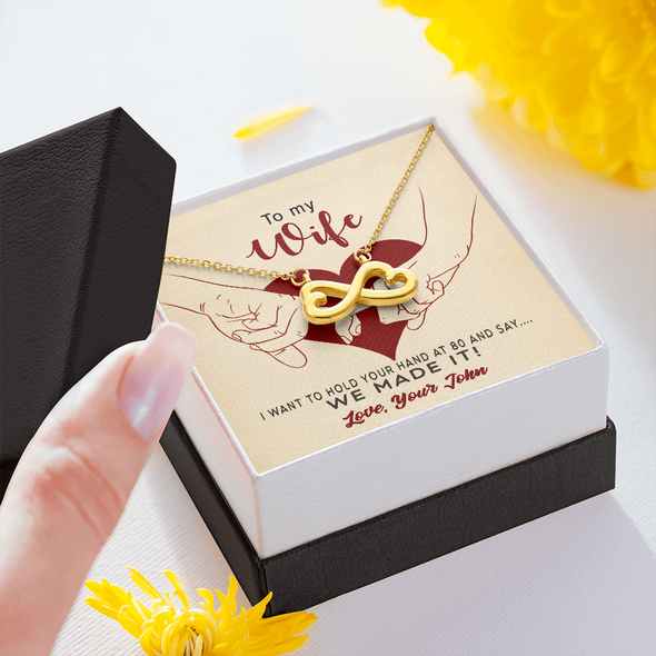 To My Wife, Infinity Hearts Necklace With I Want To Hold Your Hand And Message Card, Anniversary, Birthday, Gift For Her, Jewelry For Her, Pendant For Her, Customized Message Card With Loved One Name