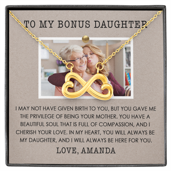To My Bonus Daughter, Infinity Hearts Necklace, Customized Picture And Name Necklace With Message Card, Gift Pendant For Her, Christmas, Birthday, Anniversary, Gift For Her, Jewelry For Her