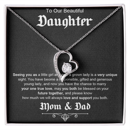 TO OUR BEAUTIFUL DAUGHTER, FOREVER LOVE NECKLACE WITH MESSAGE CARD, FROM MOM AND DAD, BIRTHDAY AND DAUGHTERS DAY GIFT FOR HER