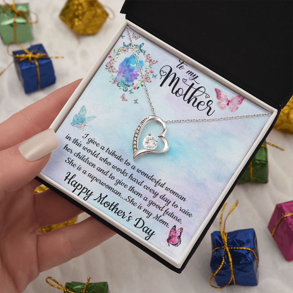 SHE IS A SUPERWOMAN, SHE IS MY MOM, FOREVER LOVE NECKLACE FOR MOM, NECKLACE WITH MESSAGE CARD, BIRTHDAY, MOTHER'S DAY GIFT FOR HER