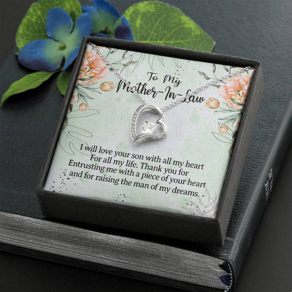 Mother In Law Necklace With Message Card, I Will Love Your Son With All My Heart, Mother Day Necklace, Heart Necklace, Birthday Gift, Christmas Gift