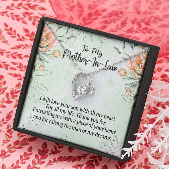 Mother In Law Necklace With Message Card, I Will Love Your Son With All My Heart, Mother Day Necklace, Heart Necklace, Birthday Gift, Christmas Gift