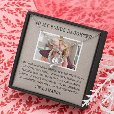 To My Bonus Daughter, Forever Love Necklace, Customized Picture And Name Necklace With Message Card, Gift Pendant For Her, Christmas, Birthday, Anniversary, Gift For Her, Jewelry For Her
