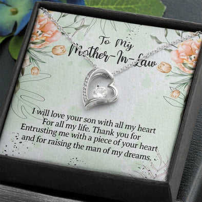 Mother In Law Necklace With Message Card, I Will Love Your Son With All My Heart, Mother Day Necklace, Heart Necklace, Birthday Gift, Christmas Gift