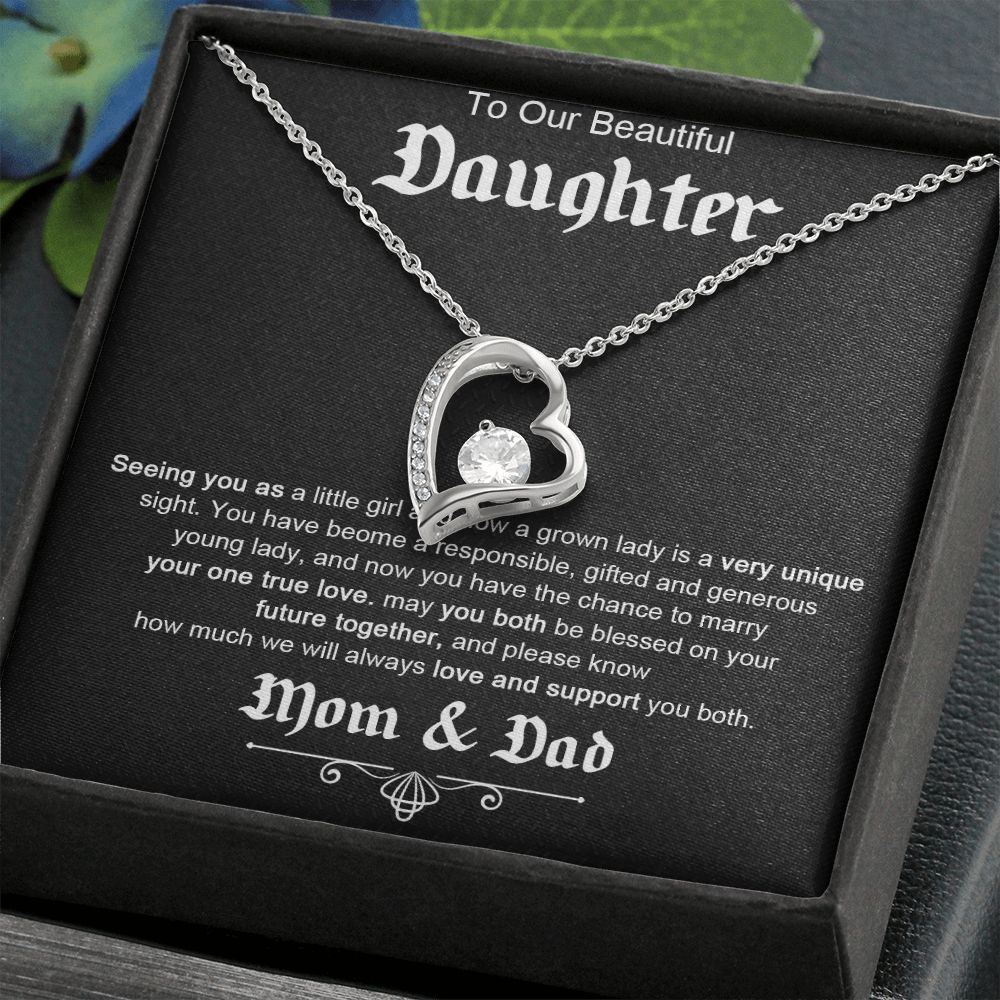 TO OUR BEAUTIFUL DAUGHTER, FOREVER LOVE NECKLACE WITH MESSAGE CARD, FROM MOM AND DAD, BIRTHDAY AND DAUGHTERS DAY GIFT FOR HER