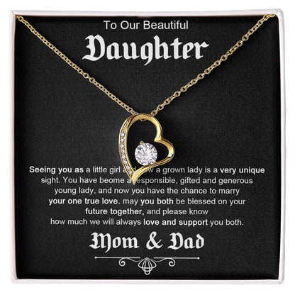 TO OUR BEAUTIFUL DAUGHTER, FOREVER LOVE NECKLACE WITH MESSAGE CARD, FROM MOM AND DAD, BIRTHDAY AND DAUGHTERS DAY GIFT FOR HER