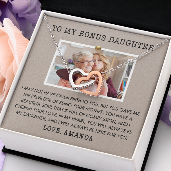 To My Bonus Daughter, Interlocking Hearts Necklace, Customized Picture And Name Necklace With Message Card, Gift Pendant For Her, Christmas, Birthday, Anniversary, Gift For Her, Jewelry For Her