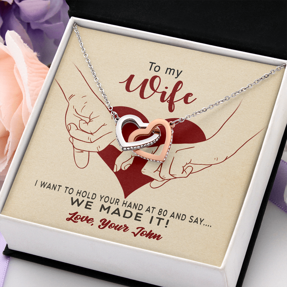 To My Wife, Interlocking Hearts Necklace With I Want To Hold Your Hand And Message Card, Anniversary, Birthday, Gift For Her, Jewelry For Her, Pendant For Her, Customized Message Card With Loved One Name