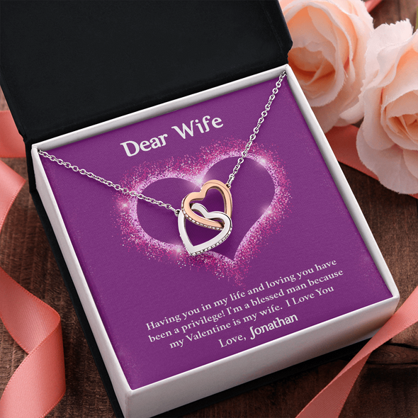 Dear Wife, Interlocking Hearts Necklace With I'm A Blessed Man Because My Valentine's Is My Wife Custom Message Card, Pendant For Her, Birthday, Anniversary, Jewelry For Her, Valentine's Day Gift