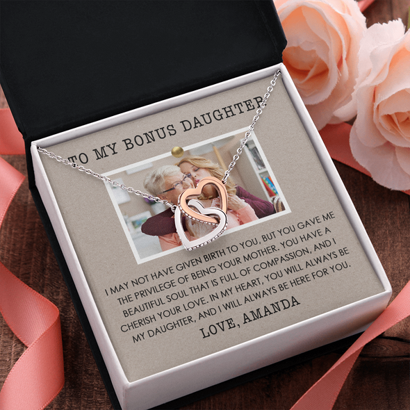 To My Bonus Daughter, Interlocking Hearts Necklace, Customized Picture And Name Necklace With Message Card, Gift Pendant For Her, Christmas, Birthday, Anniversary, Gift For Her, Jewelry For Her