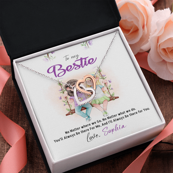 To My Bestie, Interlocking Hearts Necklace With No Matter Where We Go, No Matter What We Do Message Card, Jewelry For Her, Birthday, Gift For Her, Necklace for Her, Customized Message Card