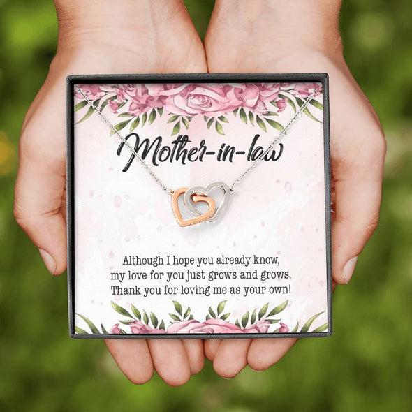 Mother In Law Necklace With Message Card, Thank You For Loving Me As Your Own, Mother's Day Necklace, Interlocking Hearts Necklace, Birthday Gift, Christmas Gift