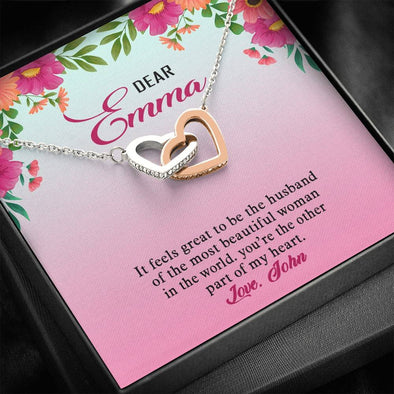 Dear Wife, It Feels Great To Be The Husband Of The Most Beautiful Woman, Customized Interlocking Necklace With Message Card On Demand, Birthday, Couple Jewelry