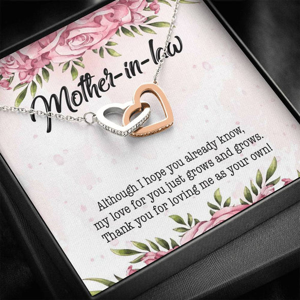 Mother In Law Necklace With Message Card, Thank You For Loving Me As Your Own, Mother's Day Necklace, Interlocking Hearts Necklace, Birthday Gift, Christmas Gift