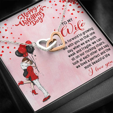 Interlocking Hearts With Message Card, Two Heart Necklace, To My Wife I look Forward To Growing Old With You Pendant, Jewelry For Her, Couple Collection