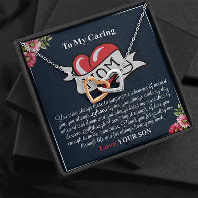 To My Caring Mom, Interlocking Hearts Necklace, Mother’s Day Message Card Gift From Son, Pendant For Her, Christmas, Birthday, Anniversary, Jewelry For Her, Necklace For Her, Mother’s Day Gift From Son