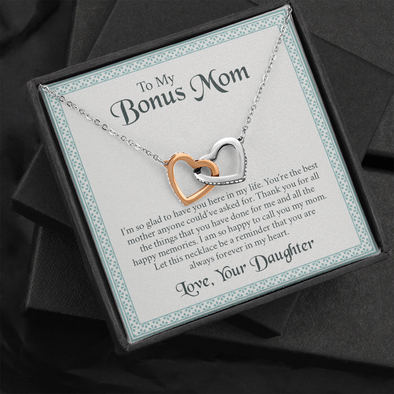 To My Bonus Mom, Interlocking Hearts Necklace With I'm So Glad To Have You Here In My Life Message Card, Jewelry For Her, Mother's Day Gift, Anniversary, Birthday, Gift For Her, Pendant For Her