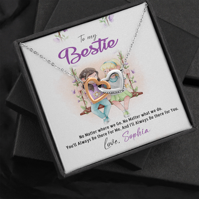 To My Bestie, Interlocking Hearts Necklace With No Matter Where We Go, No Matter What We Do Message Card, Jewelry For Her, Birthday, Gift For Her, Necklace for Her, Customized Message Card