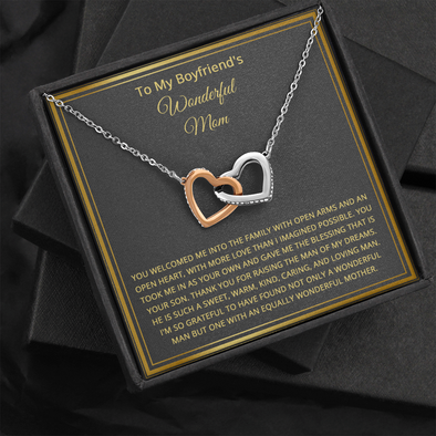 To My Boyfriend's Wonderful Mom, Interlocking Hearts Necklace With Thanks For Raising The Man Of My Dream Message Card, Mother's Day Gift, Birthday, Anniversary, Gift For Her, Pendant For Her, Jewelry For Her