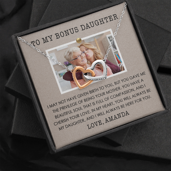 To My Bonus Daughter, Interlocking Hearts Necklace, Customized Picture And Name Necklace With Message Card, Gift Pendant For Her, Christmas, Birthday, Anniversary, Gift For Her, Jewelry For Her