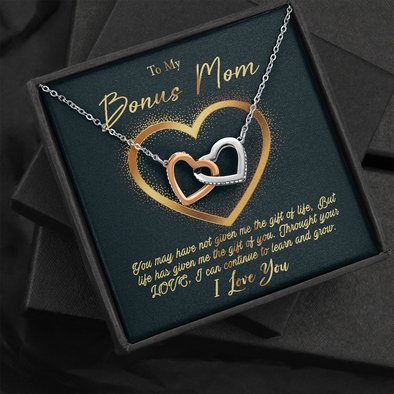 To My Bonus Mom, Interlocking Hearts Necklace, Mother’s Day Message Card Gift Pendant For Her, Christmas, Birthday, Anniversary, Gift For Her, Jewelry For Her, Necklace For Her, Mother’s Day Gift