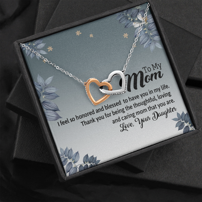 To My Mom, Interlocking Hearts Necklace With Thank You For Being The Loving And Caring Mom Message Card, Pendant For Her, Mother's Day Gift, Birthday, Anniversary, Gift For Her, Jewelry For Her