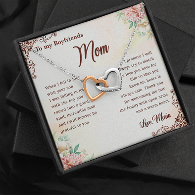 To My Boyfriend's Mom, Interlocking Hearts Necklace With Thank You For Welcoming Me Into The Family Message Card, Mother's Day Gift, Birthday, Anniversary, Jewelry For Her, Customized Message Card
