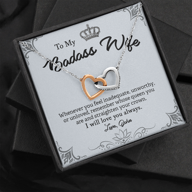 My Badass Wife, Interlocking Hearts Necklace With Straighten Your Crown And Remember I Will Love You Always Message Card, Jewelry For Her, Birthday, Gift For Her, Pendant For Her, Customized Message Card