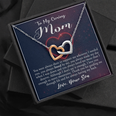 Caring Mom, Interlocking Hearts Necklace, Necklace For Her From Her Son, Birthday, Anniversary, Christmas, Mother's Day, Pendant For Her, Jewelry For Her, Gift For Her From Her Son
