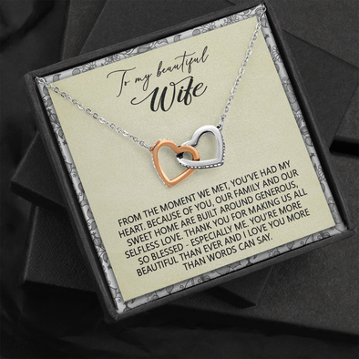 To My Beautiful Wife, Interlocking Hearts Necklace With I Love You More Than Words Can Say Message Card, Pendant For Her, Birthday, Anniversary, Gift For Her, Jewelry For Her