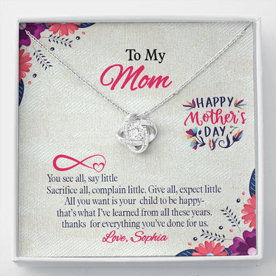 To My Mom, Thanks For Everything You've Done For Us, Custom Knot Pendant, Silver Necklace With Message Card, Gift Idea For Mother/Daughter's, Happy Mother's Day