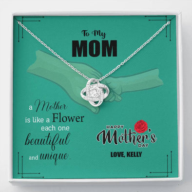 To My Mom, A Mother Is Like A Flower, Beautiful And Unique, Custom Knot Pendant, Silver Necklace With Message Card, Anniversary, Birthday, Christmas, Gift For Her