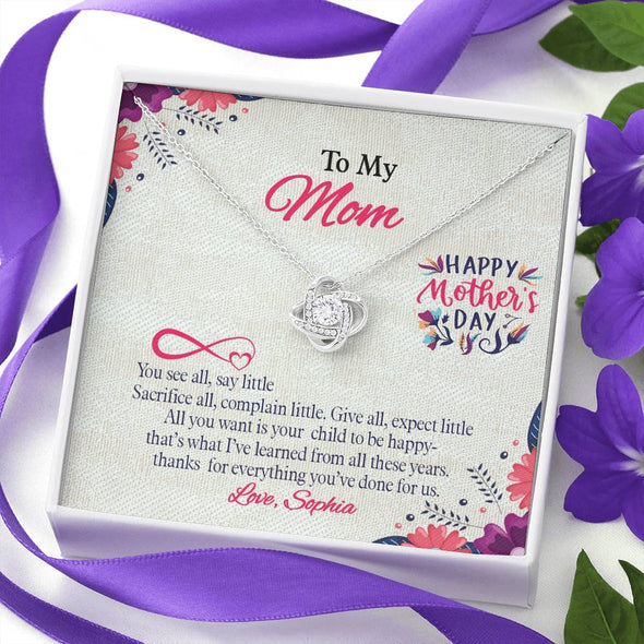 To My Mom, Thanks For Everything You've Done For Us, Custom Knot Pendant, Silver Necklace With Message Card, Gift Idea For Mother/Daughter's, Happy Mother's Day