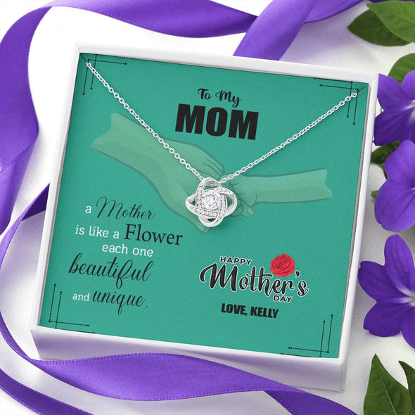 To My Mom, A Mother Is Like A Flower, Beautiful And Unique, Custom Knot Pendant, Silver Necklace With Message Card, Anniversary, Birthday, Christmas, Gift For Her